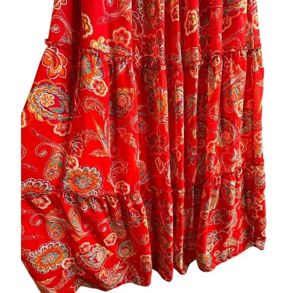 Red Paisley Floral Print Off-Shoulder Boho Chic Bohemian Tiered Maxi Dress Sz 6 - Picture 3 of 16